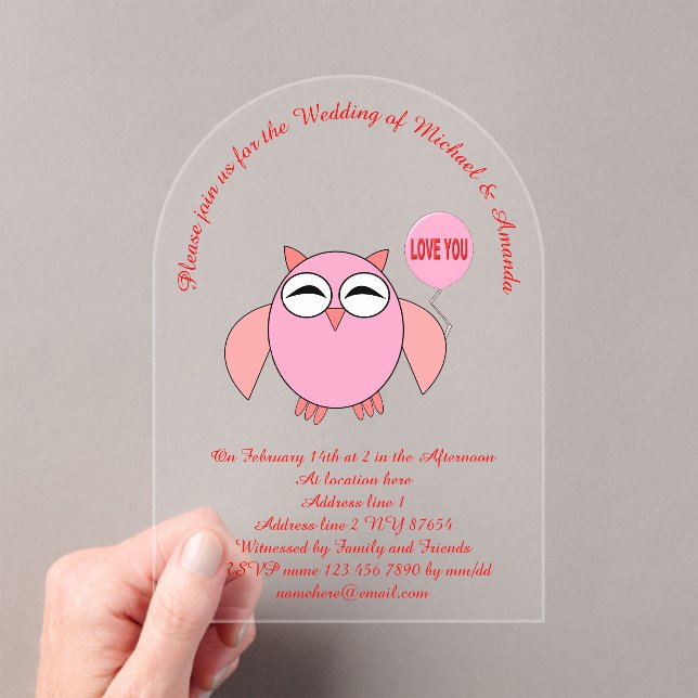 Invitaciones Acrílicas Cute Pink Love You Owl Custom Wedding (Insitu (portátil))