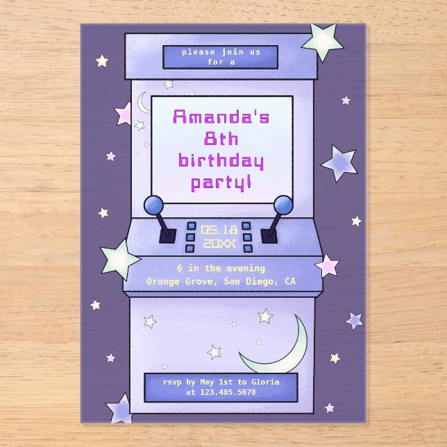 Invitaciones Acrílicas Cute Retro Arcade Game Kids Birthday (Anverso)