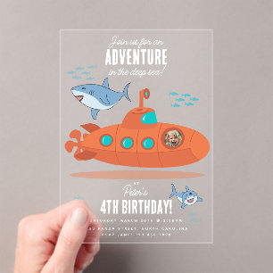 Invitaciones Acrílicas Cute Submarino Cumpleaños Niños Profundo Mar Foto