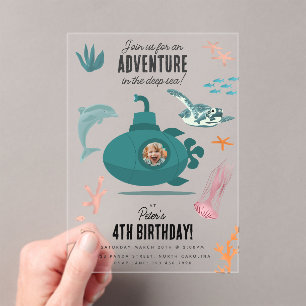 Invitaciones Acrílicas Cute Submarino Cumpleaños Profundo Mar Niños Foto