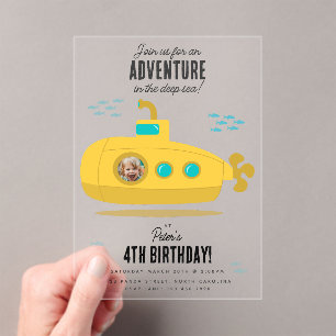 Invitaciones Acrílicas Cute Submarino Cumpleaños Profundo Mar Niños Foto