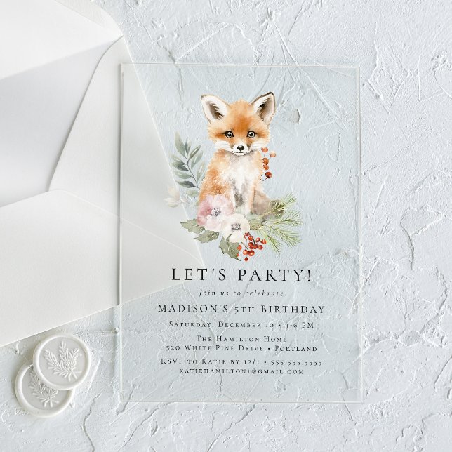 Invitaciones Acrílicas Cute Watercolor Fox Winthday Party (Subido por el creador)