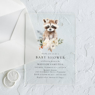 Invitaciones Acrílicas Cute Watercolor Raccoon Winter Baby Shower