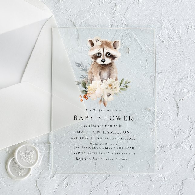 Invitaciones Acrílicas Cute Watercolor Raccoon Winter Baby Shower (Subido por el creador)