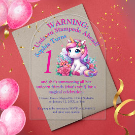 Invitaciones Acrílicas Cute Whimsical Floral Unicornio Girly Niños Cumple
