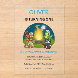 Invitaciones Acrílicas Cute Wild Animals Campfire Kids 1st Birthday