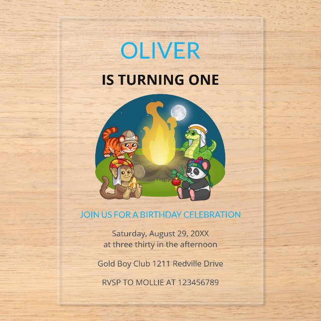 Invitaciones Acrílicas Cute Wild Animals Campfire Kids 1st Birthday (Anverso)