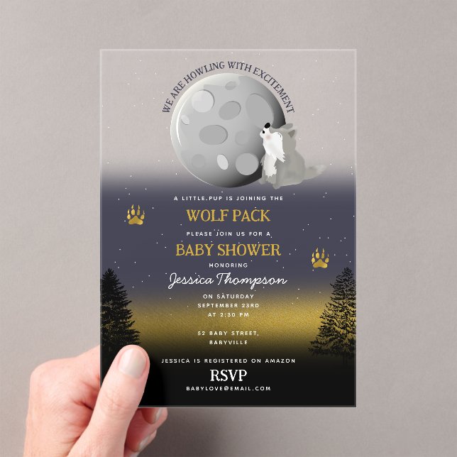 Invitaciones Acrílicas Cute Wolf Pack Woodland Moon Howling Baby Shower (Insitu (portátil))