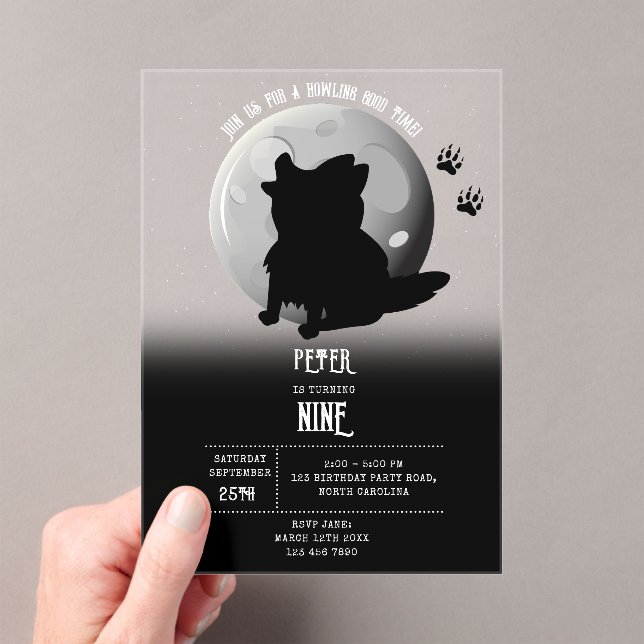 Invitaciones Acrílicas Cute Wolf Woodland Moon Howling Kids Birthday (Insitu (portátil))