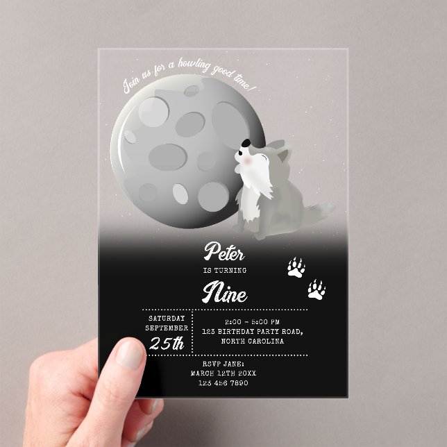 Invitaciones Acrílicas Cute Wolf Woodland Moon Howling Kids Birthday (Insitu (portátil))