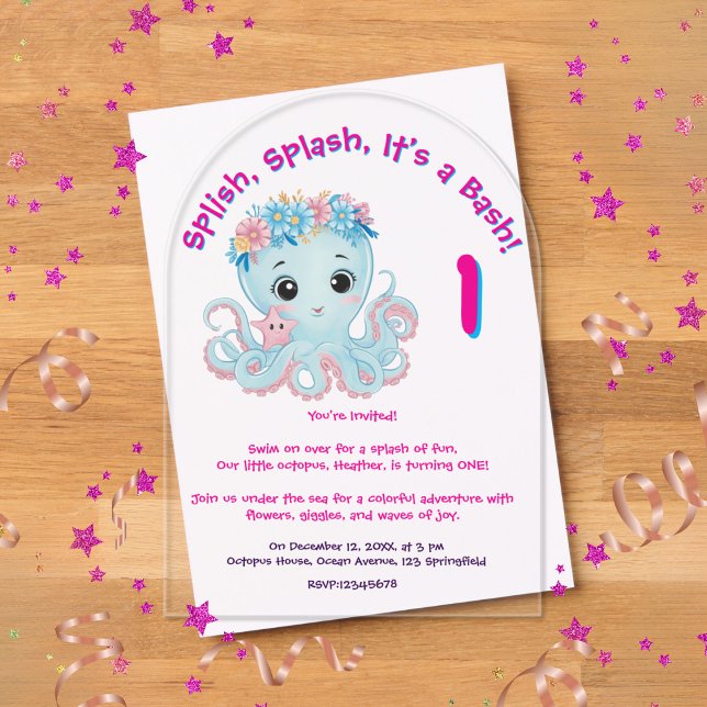 Invitaciones Acrílicas Cute y caprichoso pulpo floral Girly niños cumplea (Subido por el creador)