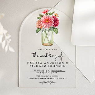 Invitaciones Acrílicas Dahlia Floral Colorida en Tarro de Mason para Boda