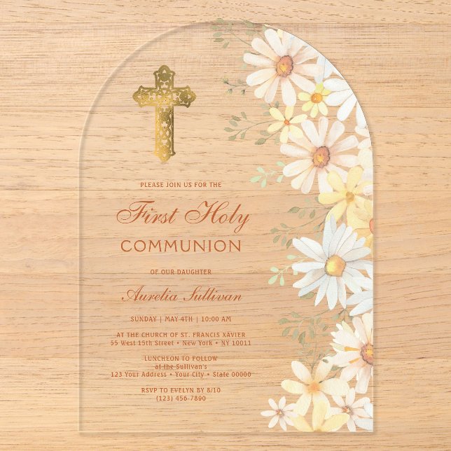 Invitaciones Acrílicas Daisies Arch Primera Comunión (Anverso)