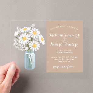 Invitaciones Acrílicas Daisies Blancas Elegantes en Tarro de Mason para B