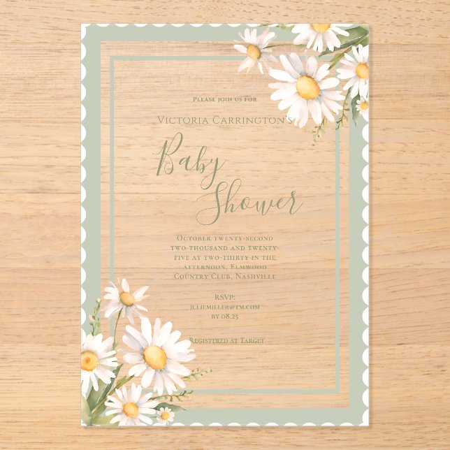 Invitaciones Acrílicas Daisies Floral Elegant Baby Shower (Anverso)
