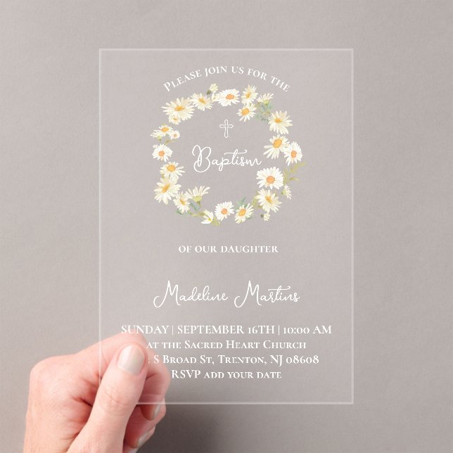 Invitaciones Acrílicas daisies wreath Baptism Invitation (Insitu (portátil))