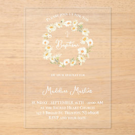 Invitaciones Acrílicas daisies wreath Baptism Invitation