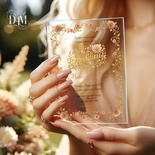 Invitaciones Acrílicas Dalias Elegantes de Rosa Dorado Fotos de Boda con