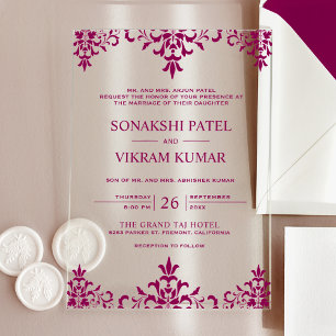 Invitaciones Acrílicas Damasco Rosa Étnico Boda Hindú India