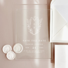 Invitaciones Acrílicas DAPHNE Monograma Floral Blanco Ahorra la Fecha de