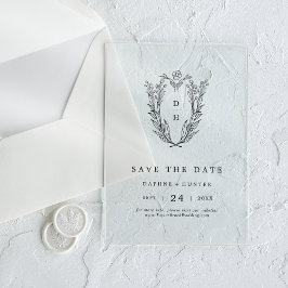 Invitaciones Acrílicas DAPHNE Monograma Floral Boda Negra Guardar La Fech