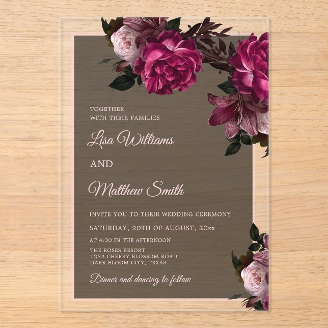 Invitaciones Acrílicas Dark Floral Transparent Wedding (Anverso)