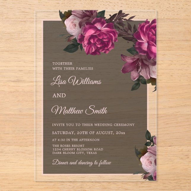 Invitaciones Acrílicas Dark Floral Transparent Wedding (Anverso)