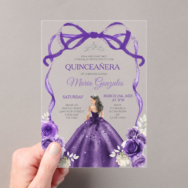Invitaciones Acrílicas Dark Purple Bow Silver Crown Princess Quinceañera (Insitu (portátil))
