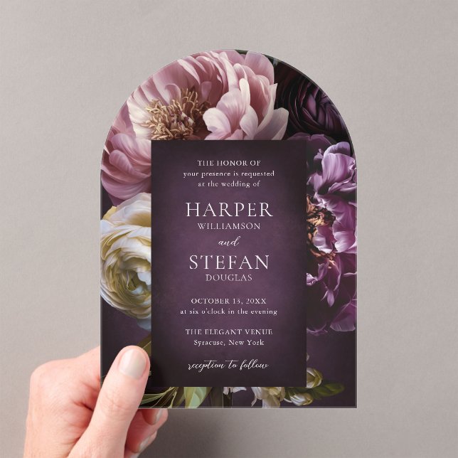 Invitaciones Acrílicas Dark Purple Fine Art Floral Elegant Wedding (Insitu (portátil))
