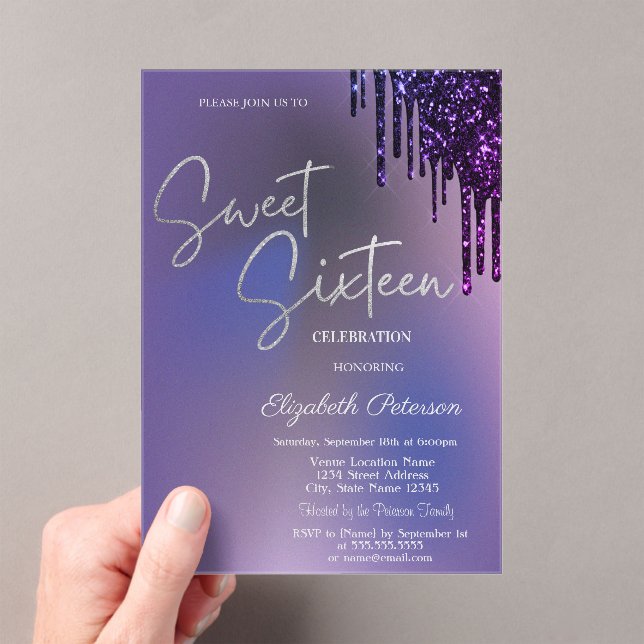 Invitaciones Acrílicas Dark Violet Glitter Drips Violet Sweet 16  (Insitu (portátil))