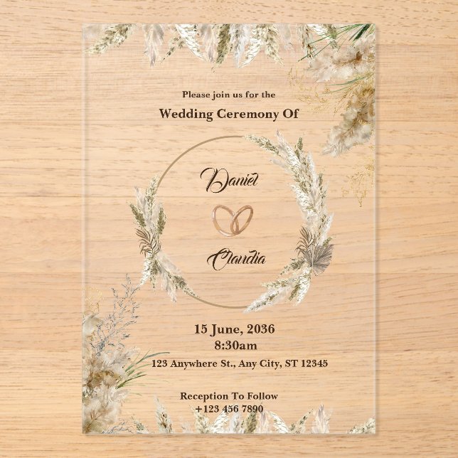 Invitaciones acrílicas de boda marrón y crema pers (Anverso)