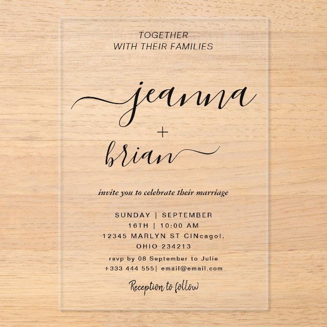 Invitaciones acrílicas de caligrafía moderna boda (Anverso)
