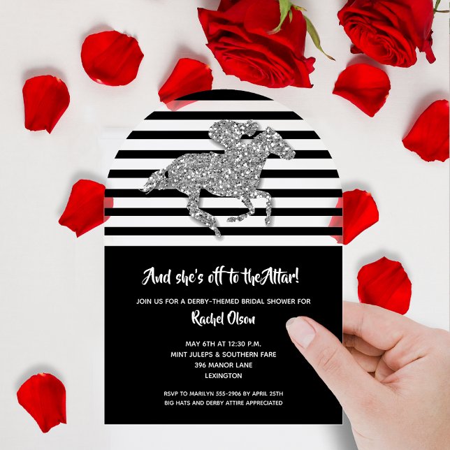 Invitaciones Acrílicas De camino al Altar Derby Silver Horse Bridal Showe (Off to the Altar Derby-themed silver faux glitter racehorse bridal shower clear acrylic invitations)