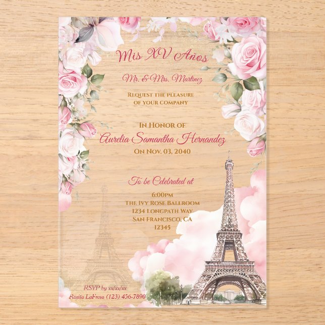 Invitaciones acrílicas de Rubor Pink Paris Quincea (Anverso)