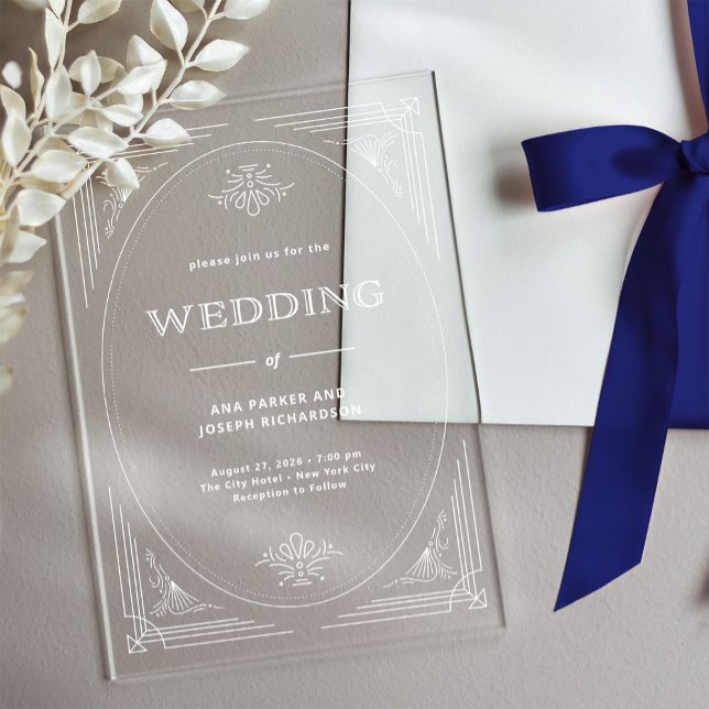 Invitaciones Acrílicas Deco moderno | Elegante Boda de marco blanco (Subido por el creador)