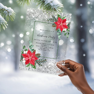 Invitaciones Acrílicas Decoración de flores rojas plateadas Navidades hel