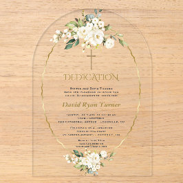 Invitaciones Acrílicas Dedicación de Flores Blancas de Lujo Niño Dorado