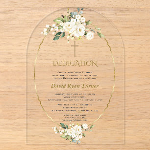 Invitaciones Acrílicas Dedicación de Flores Blancas de Lujo Niño Dorado