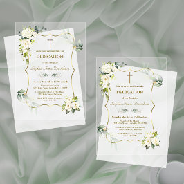 Invitaciones Acrílicas Dedicación delicada aireada verde flores blancas 