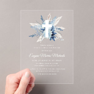 Invitaciones Acrílicas Dedicación floral de cruz blanca moderna