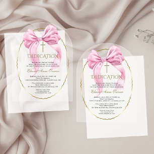Invitaciones Acrílicas Dedicación Transparente de Niña con Lazo Rosa Enca