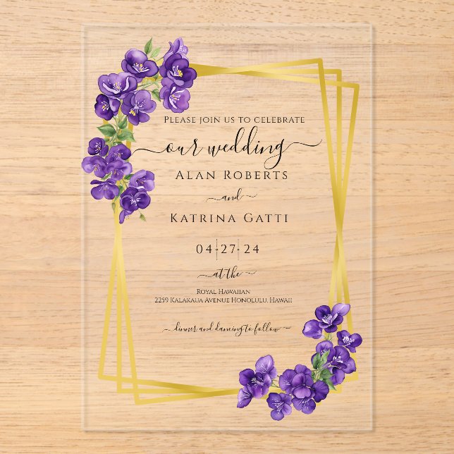 Invitaciones Acrílicas Deep Purple Violets Wedding Invitation (Anverso)
