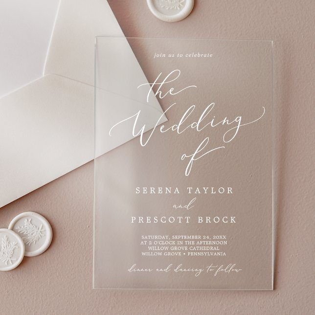 Invitaciones Acrílicas Delicada caligrafía Boda clásico blanco moderno (Delicate Calligraphy White Modern Classic Wedding Acrylic Invitations)