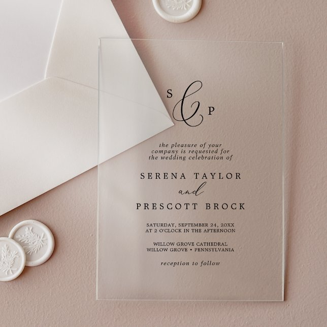Invitaciones Acrílicas Delicada caligrafía Monograma matrimonio elegante (Delicate Calligraphy Monogram Elegant Wedding Acrylic Invitations)