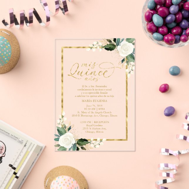 Invitaciones Acrílicas Delicada Quinceañera Floral De Blanco Y Oro (Insitu (Celebración))