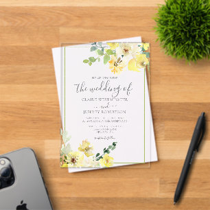 Invitaciones Acrílicas Delicado Amarillo Floral Verde Salvia Boda de Vera