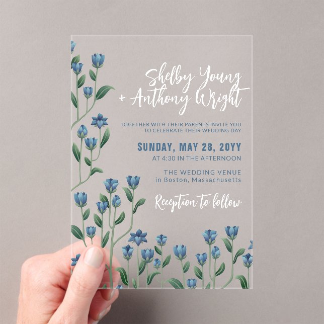 Invitaciones Acrílicas Delicado Boda de Flores Silvestres Azules (Insitu (portátil))
