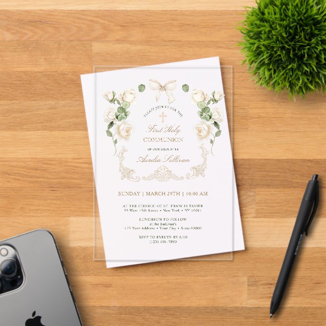 Invitaciones Acrílicas Delicate Ivory Roses Fr First Holy Communion (Insitu (Tarjeta de Invitación))