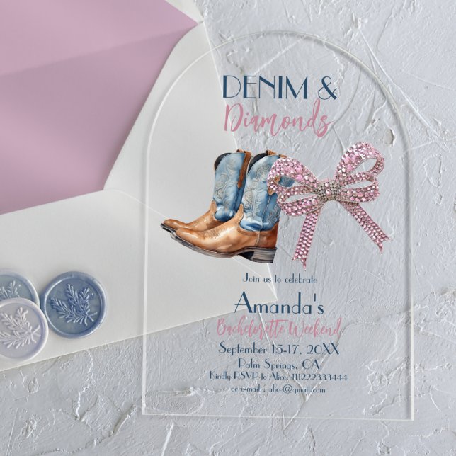 Invitaciones Acrílicas Denim y Diamond Disco Fiesta Bachelorette Weekend (Subido por el creador)