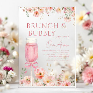 Invitaciones Acrílicas Desayuno Brunch con Lazo Rosa y Champán Burbujeant